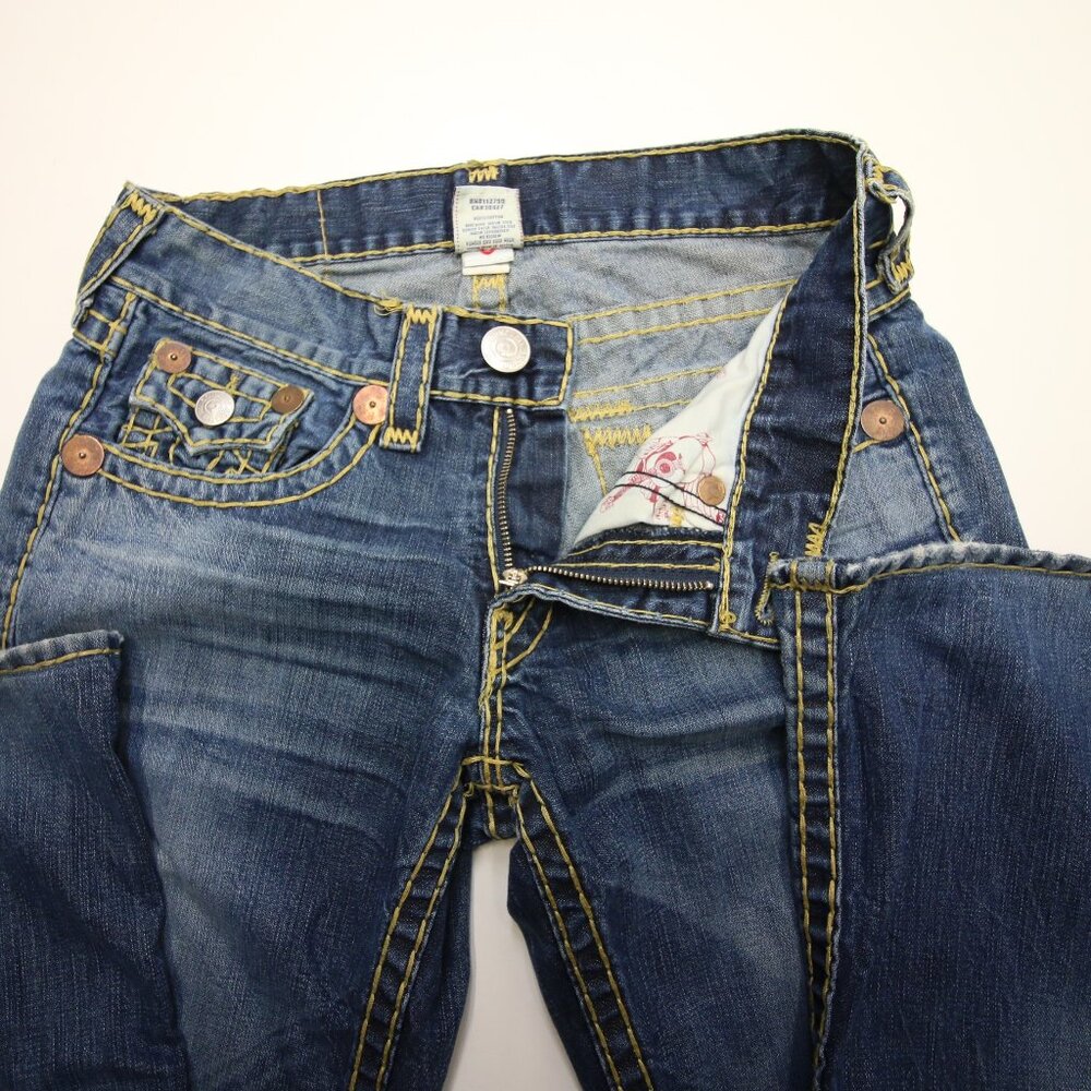 True Religion Billy Super T Thick Stitch Blue Jeans Mens 31 USA Fades Flap Boot - Picture 7 of 16